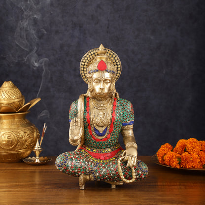 Intricately Carved Brass Lord Hanuman Idol - 11" Height, Spiritual Blessing