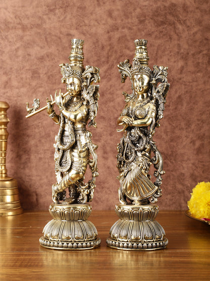 Pure Brass Superfine Radha Krishna Idols - Intricately Carved - 11" Tall