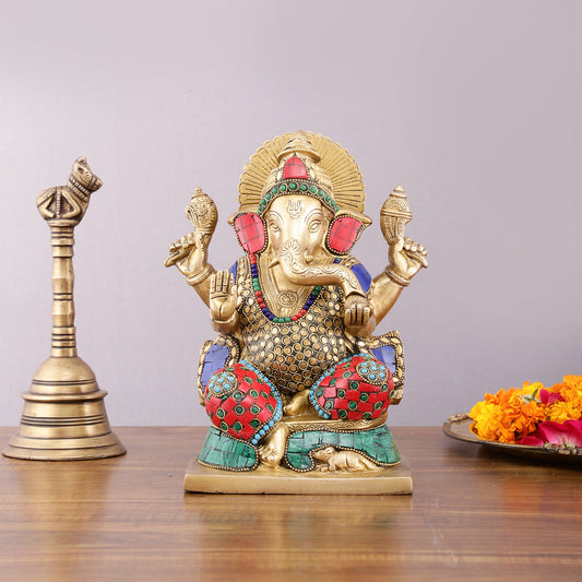 Pure Brass Ganesha Statue with Meenakari – 10 inch