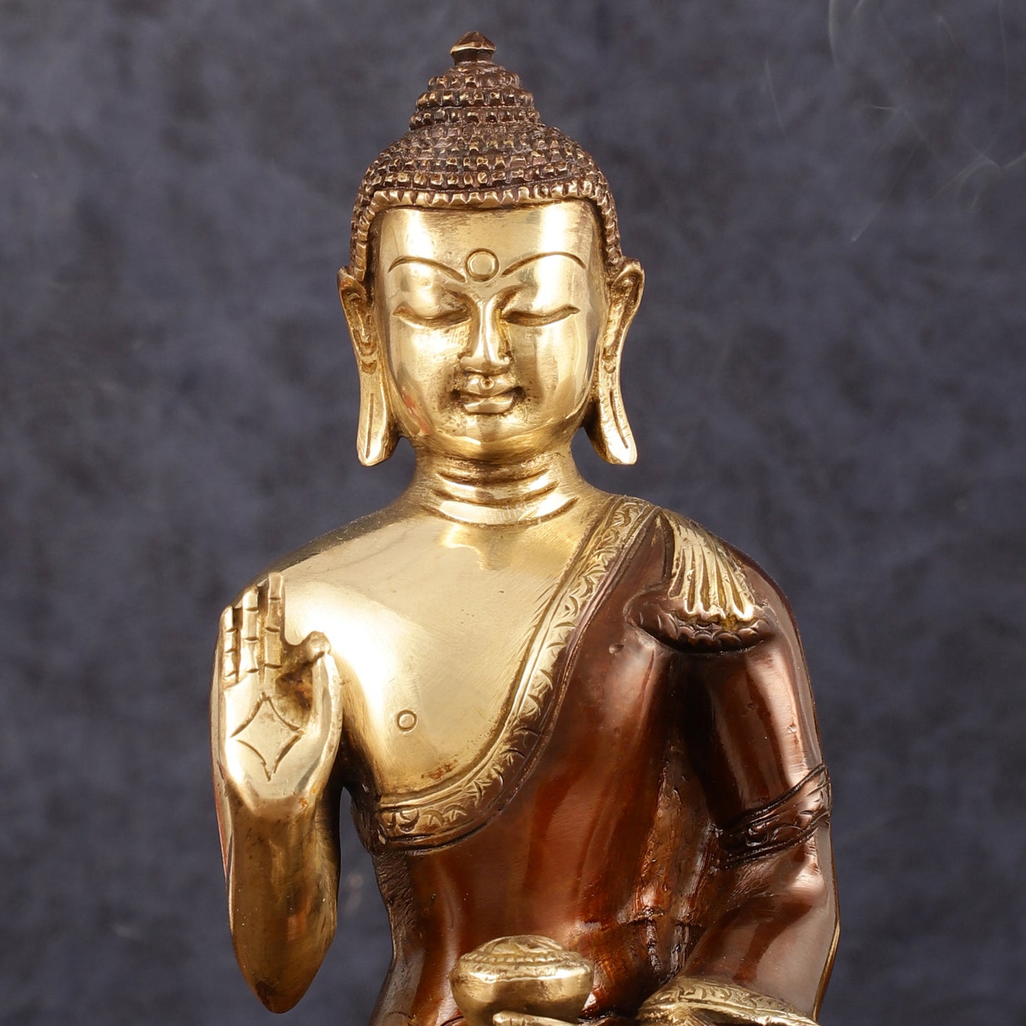 Pure Brass Blessing Buddha Idol - Dual Tone, 7.5" Height