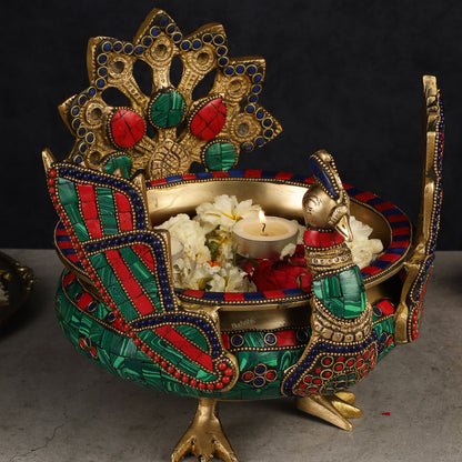 Brass Peacock Shaped Urli Bowl with Stand - Exquisite Decorative Accent