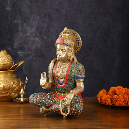 Intricately Carved Brass Lord Hanuman Idol - 11" Height, Spiritual Blessing