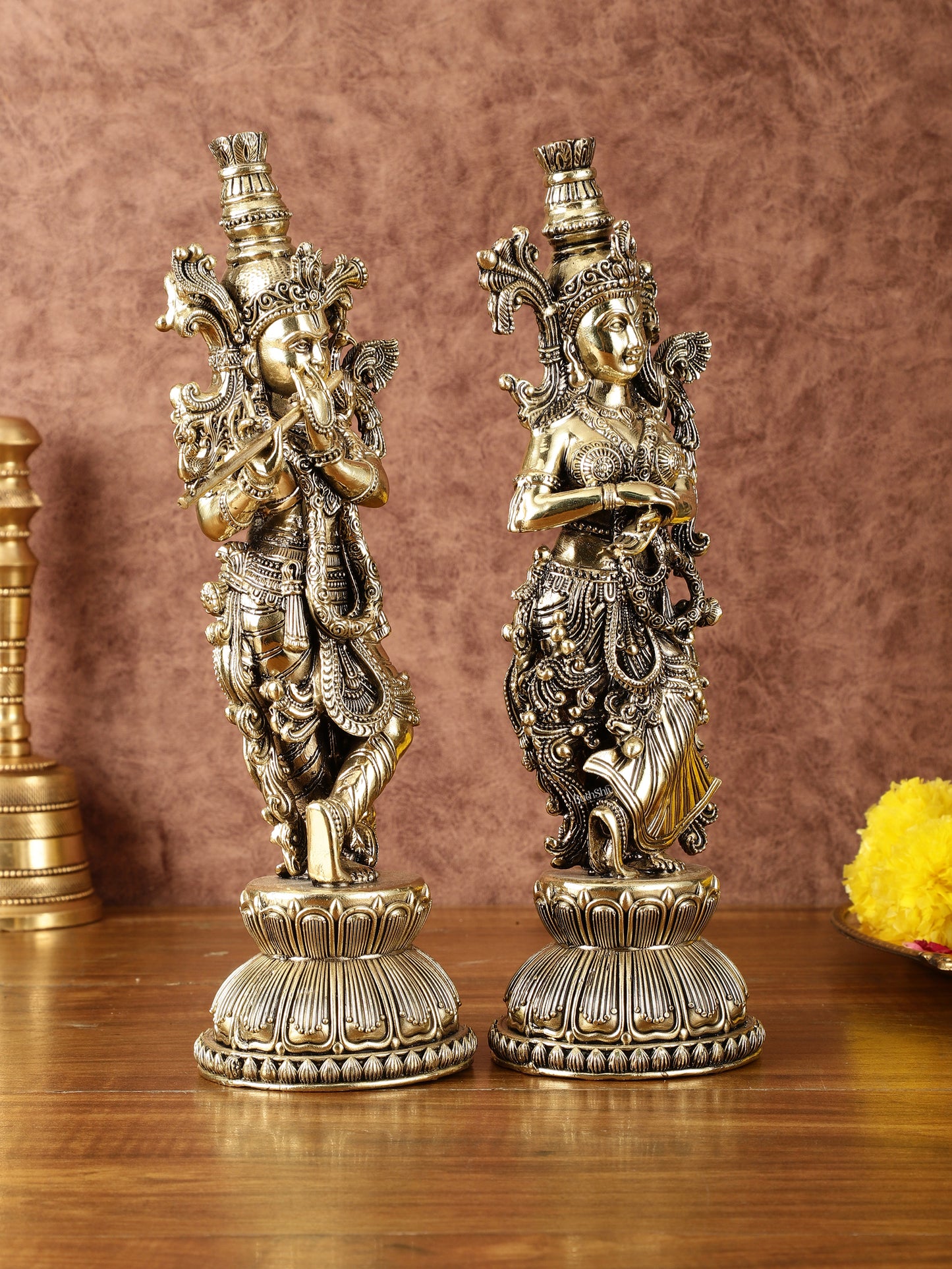 Pure Brass Superfine Radha Krishna Idols - Intricately Carved - 11" Tall