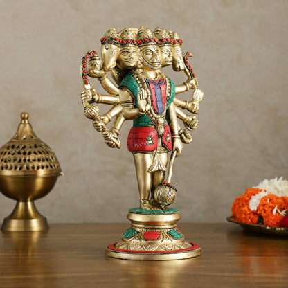 Brass Standing Panchmukhi Hanuman Idol 12 inch with stonework