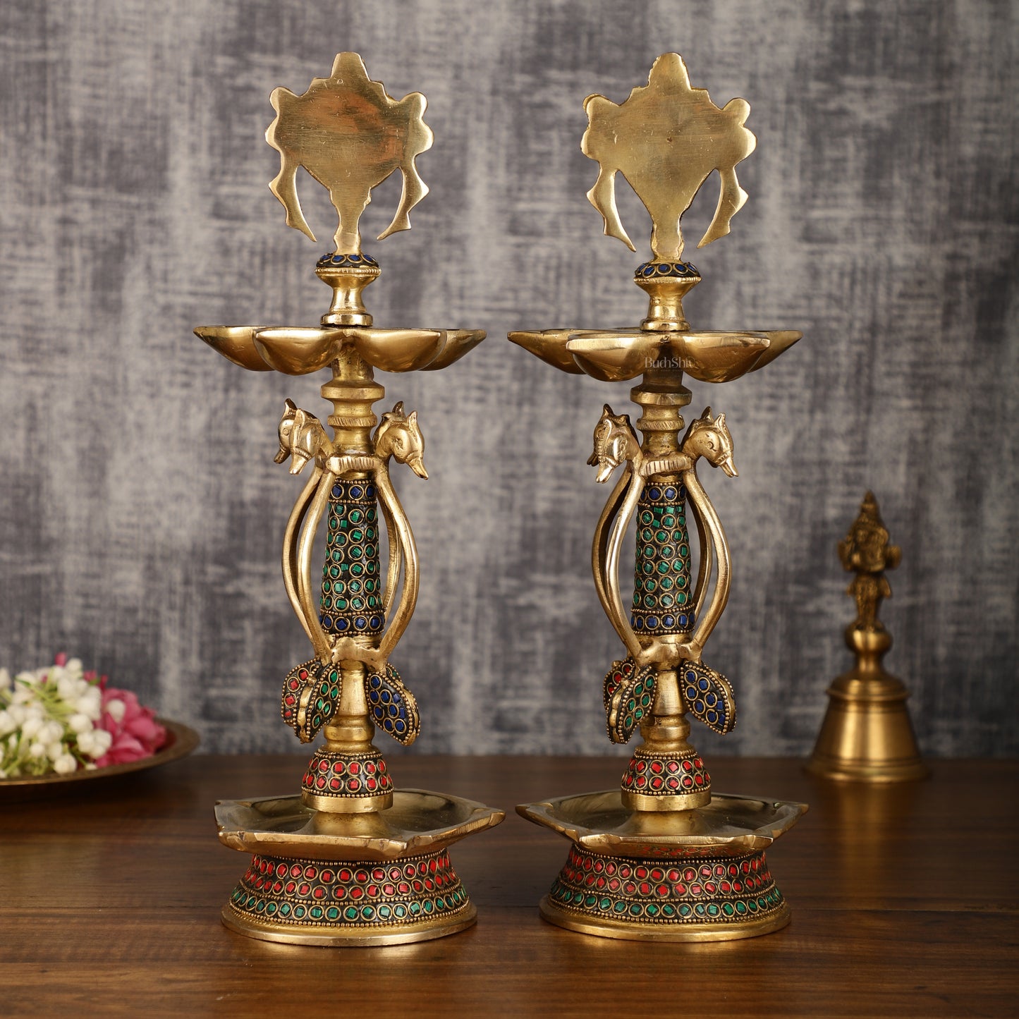 Colourful Brass Shankh Chakra Lamps - | 15 inch