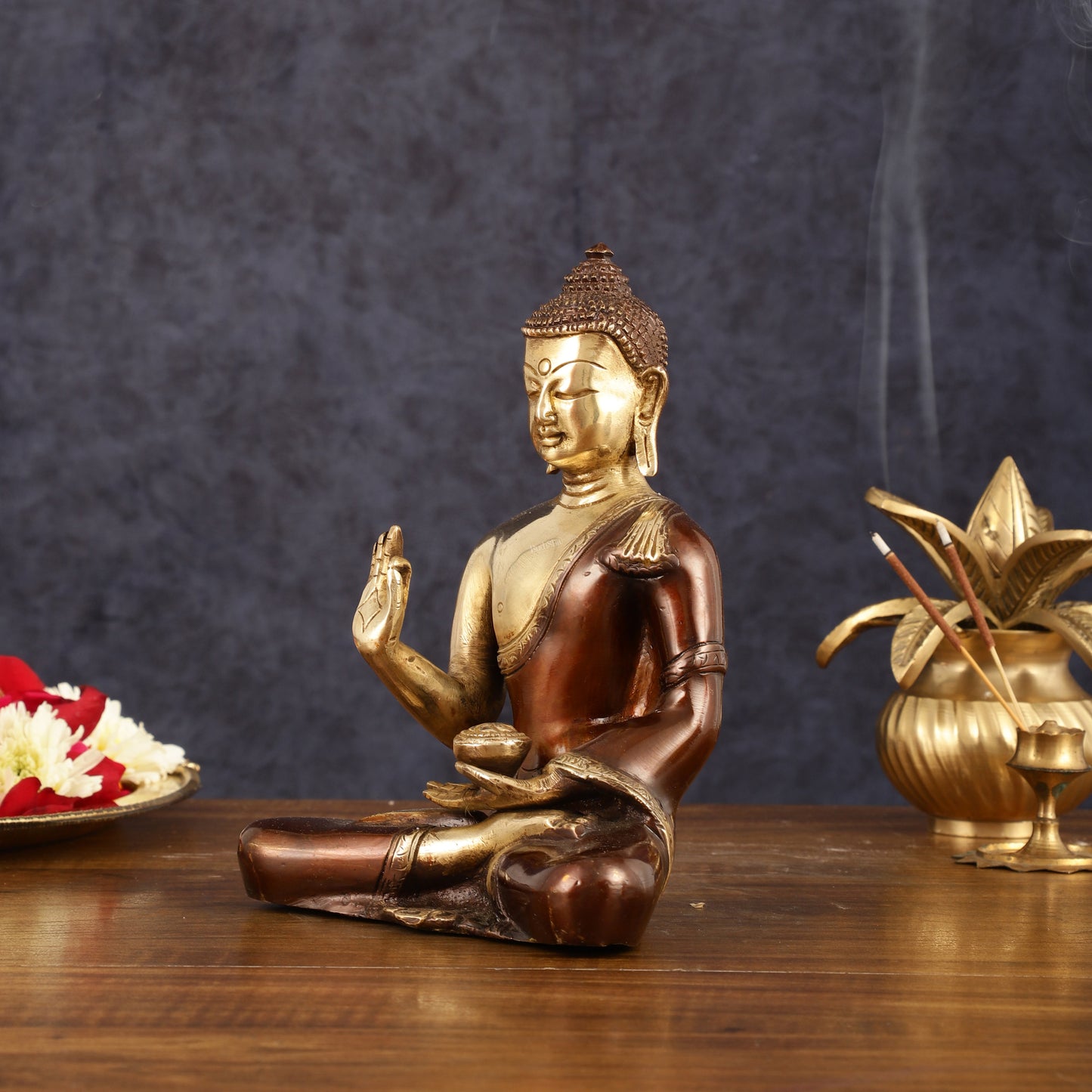 Pure Brass Blessing Buddha Idol - Dual Tone, 7.5" Height