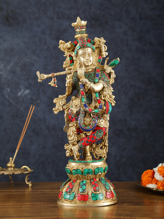 Brass Krishna Statue with Semi-Precious Stones – 18" Height, Fine Quality