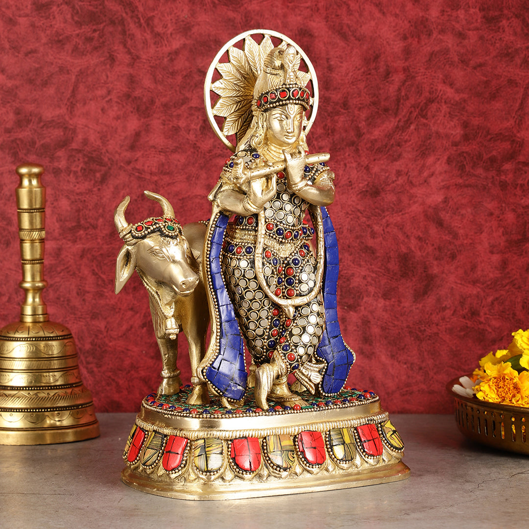 Exquisite Brass Lord Krishna Statue with cow idol 9"