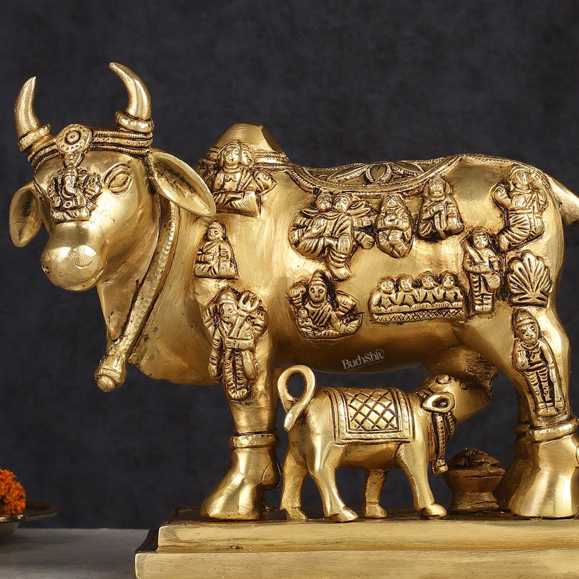 Superfine Brass Engraved Kamdhenu Cow with Calf - Murti 10"