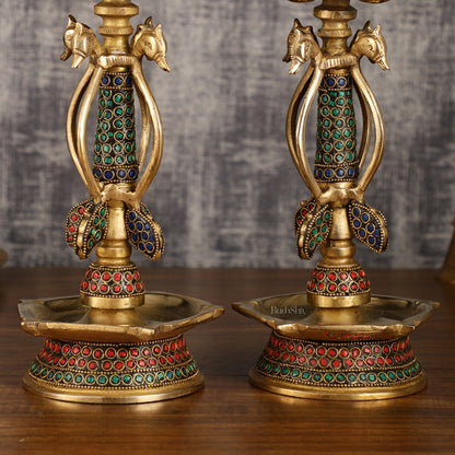 Colourful Brass Shankh Chakra Lamps - | 15 inch