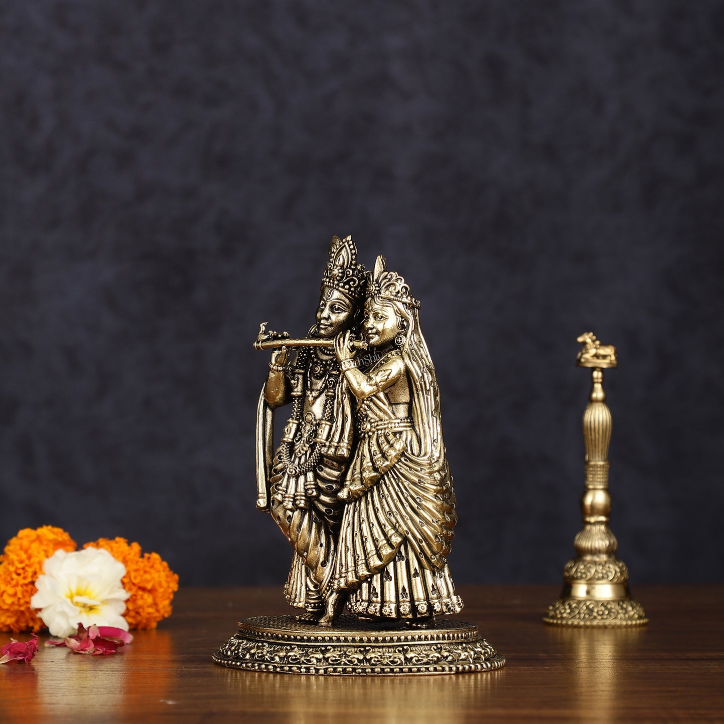 Intricate Lightweight Brass Radha Krishna Idol - 6"