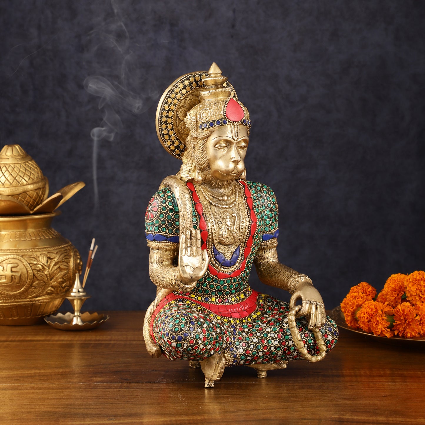 Intricately Carved Brass Lord Hanuman Idol - 11" Height, Spiritual Blessing