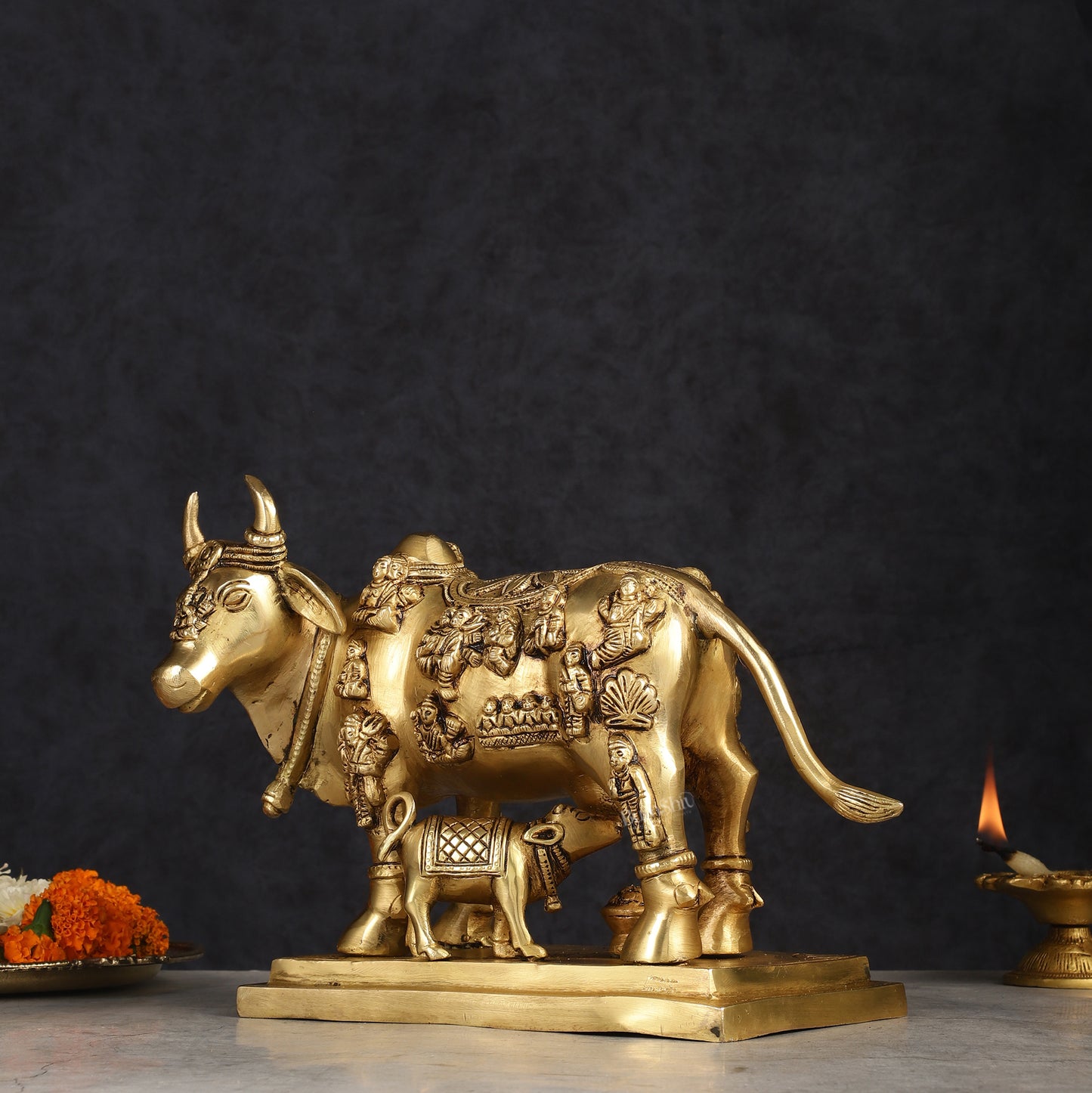 Superfine Brass Engraved Kamdhenu Cow with Calf - Murti 10"