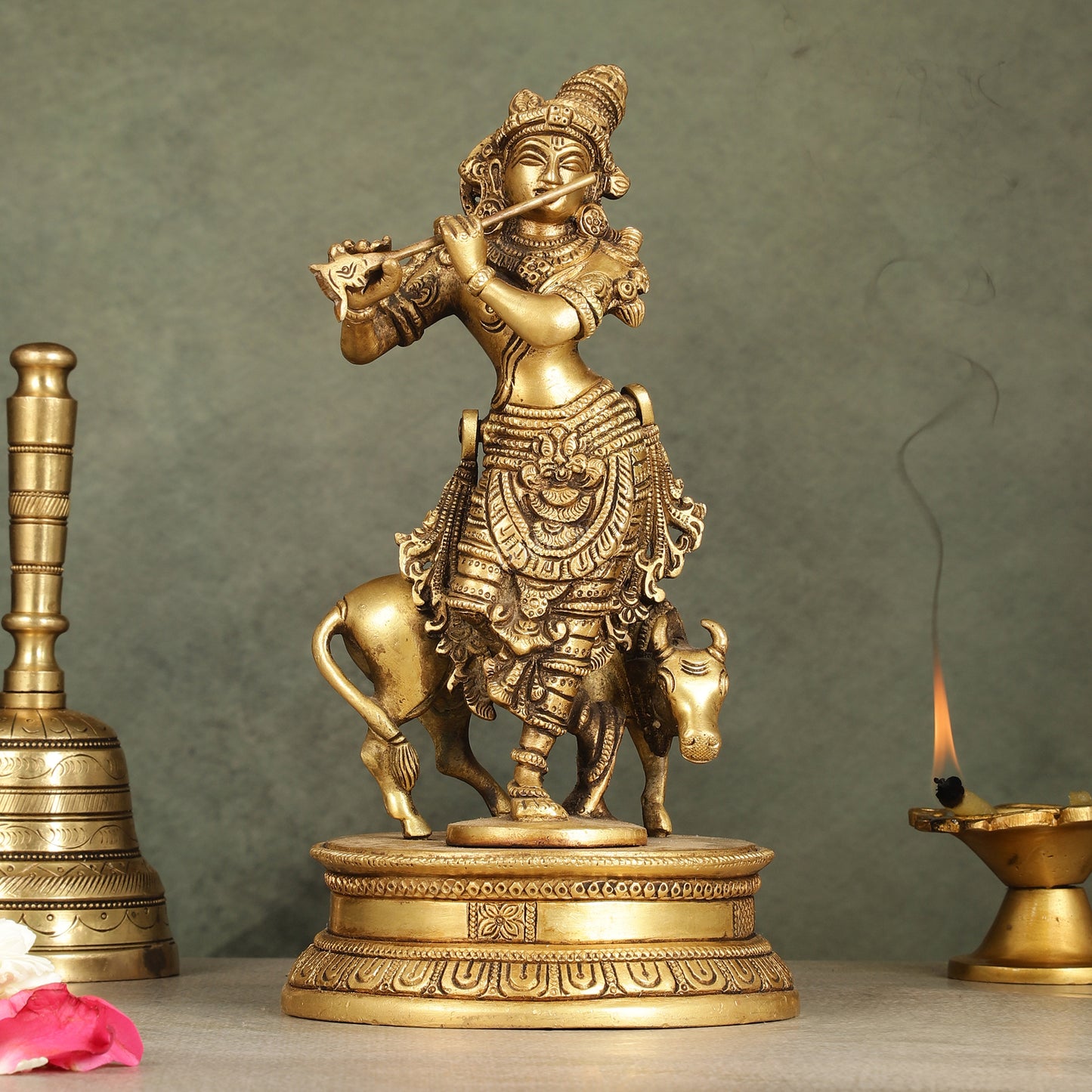 Divine Pure Brass Superfine Lord Krishna with Cow Idol - 10" Height