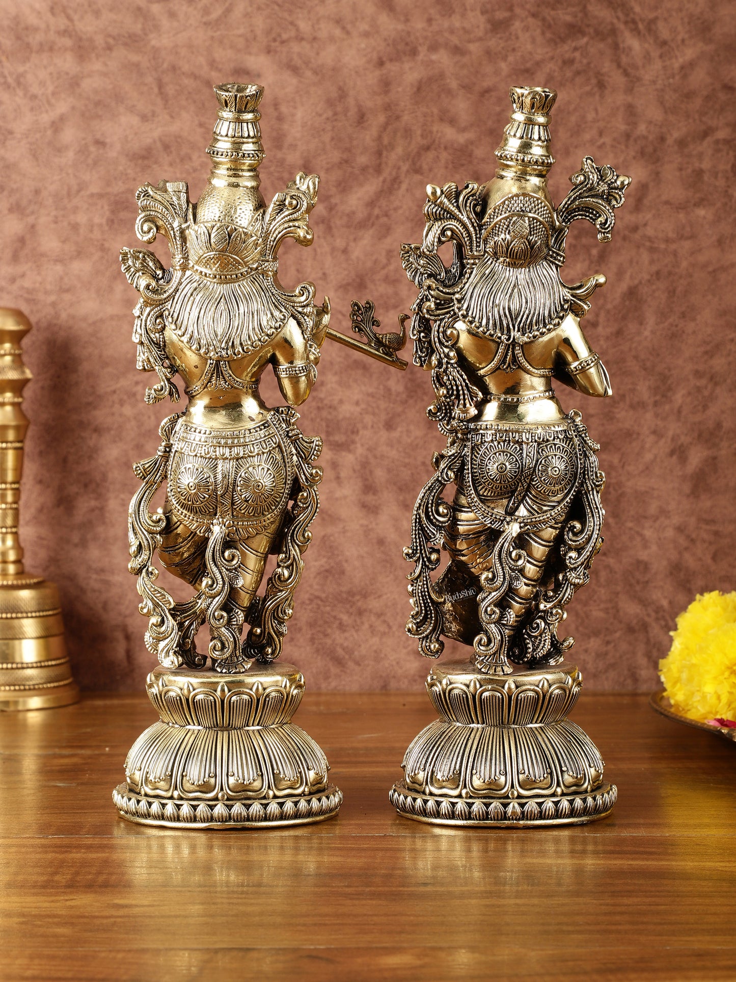 Pure Brass Superfine Radha Krishna Idols - Intricately Carved - 11" Tall