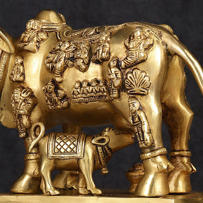 Superfine Brass Engraved Kamdhenu Cow with Calf - Murti 10"