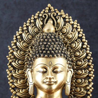 Pure Brass Large Buddha Bust Face Sculpture with Aureole Arch – 18.2" Height