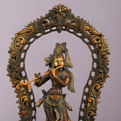 Rare Brass Lord Krishna with Prabhavali Majestic Sculpture 18"