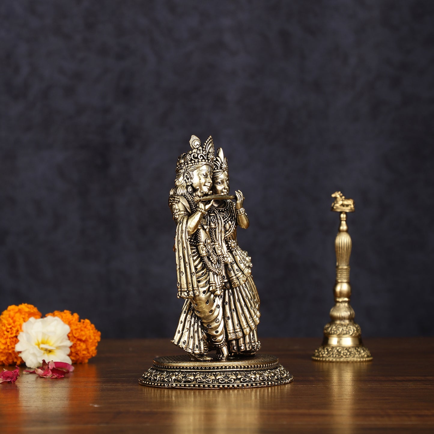 Intricate Lightweight Brass Radha Krishna Idol - 6"