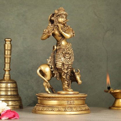 Divine Pure Brass Superfine Lord Krishna with Cow Idol - 10" Height