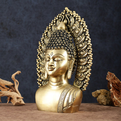 Pure Brass Large Buddha Bust Face Sculpture with Aureole Arch – 18.2" Height