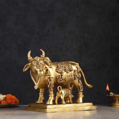 Superfine Brass Engraved Kamdhenu Cow with Calf - Murti 10"