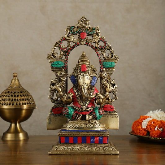 Superfine Brass Lord Ganesha Idol with arch Meenakari Stonework - 12 inch