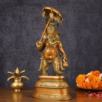 Handcrafted Brass Ganesha Statue with Umbrella and Kamandal - 15" Divine Sculpture