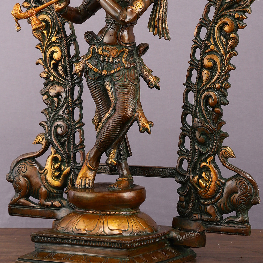 Rare Brass Lord Krishna with Prabhavali Majestic Sculpture 18"