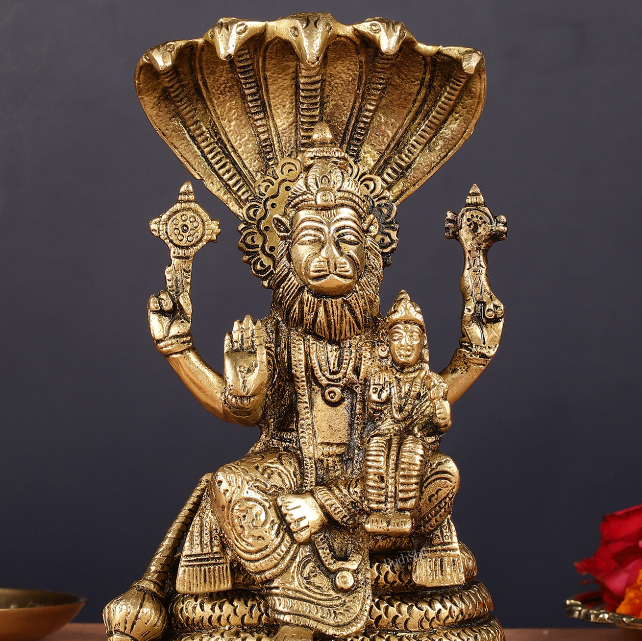 Handmade Brass Narasimha Lakshmi Statue - 8 inch