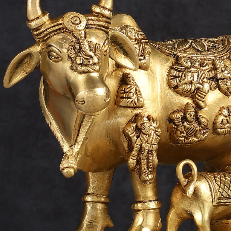 Superfine Brass Engraved Kamdhenu Cow with Calf - Murti 10"