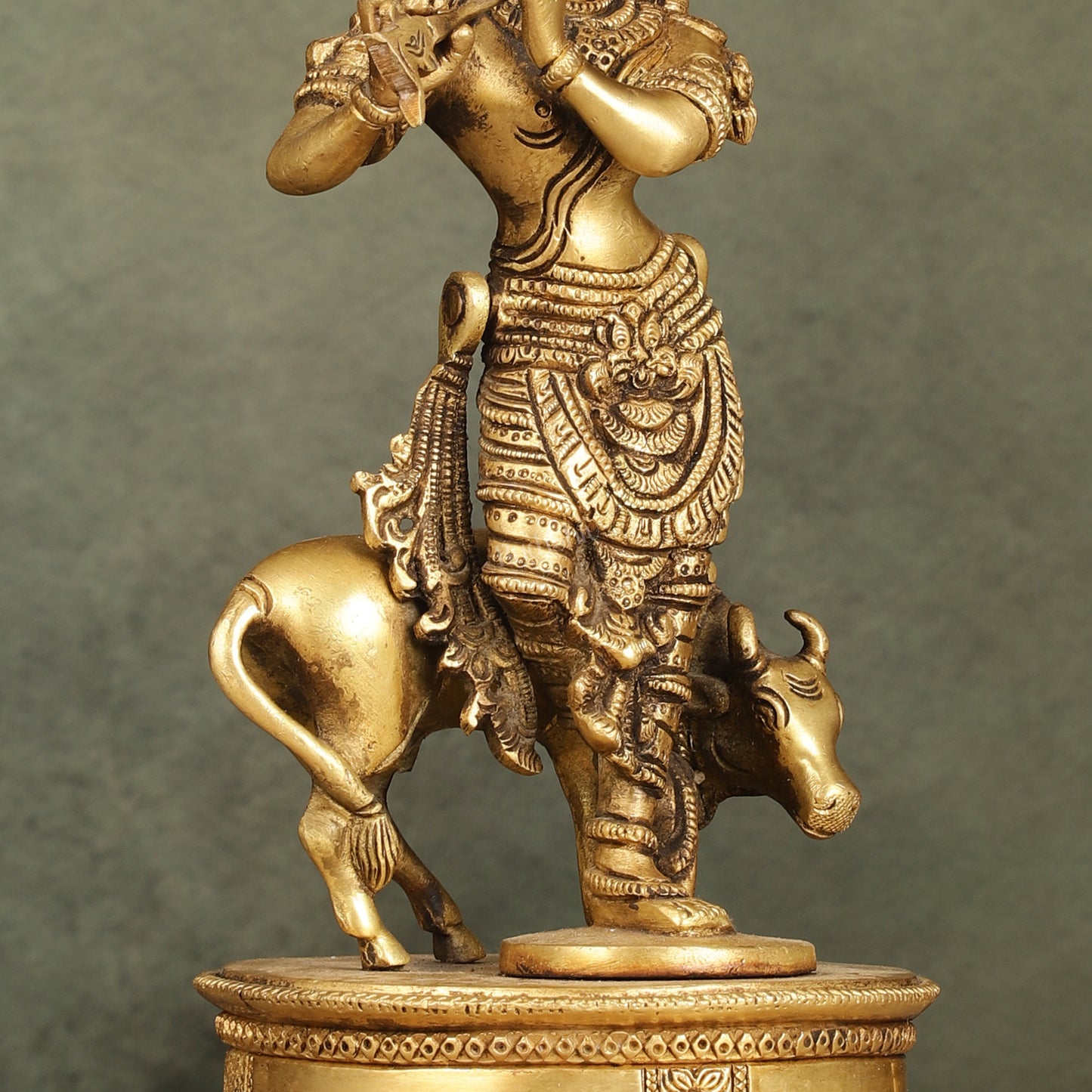 Divine Pure Brass Superfine Lord Krishna with Cow Idol - 10" Height