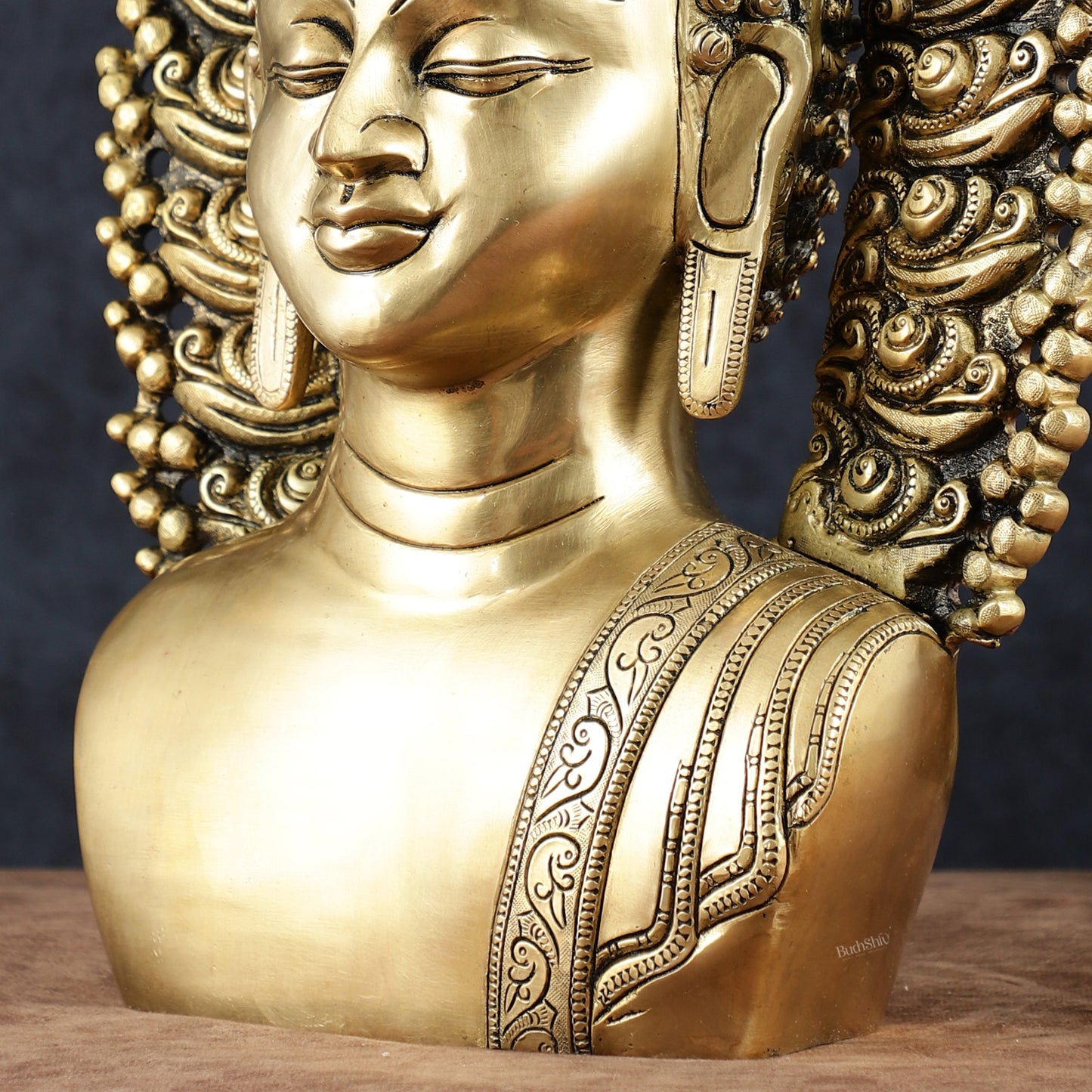 Pure Brass Large Buddha Bust Face Sculpture with Aureole Arch – 18.2" Height