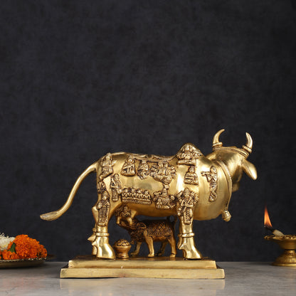 Superfine Brass Engraved Kamdhenu Cow with Calf - Murti 10"