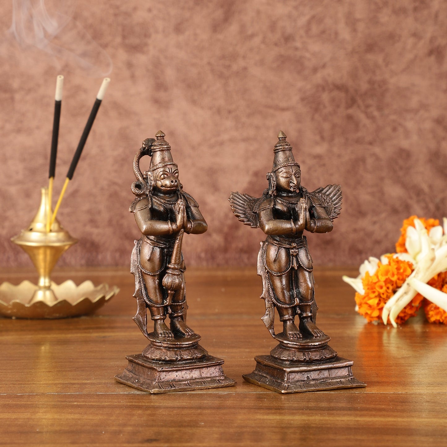 Pure Copper Hanuman Ji and Garuda Dev in Anjali Mudra - 4" Tall