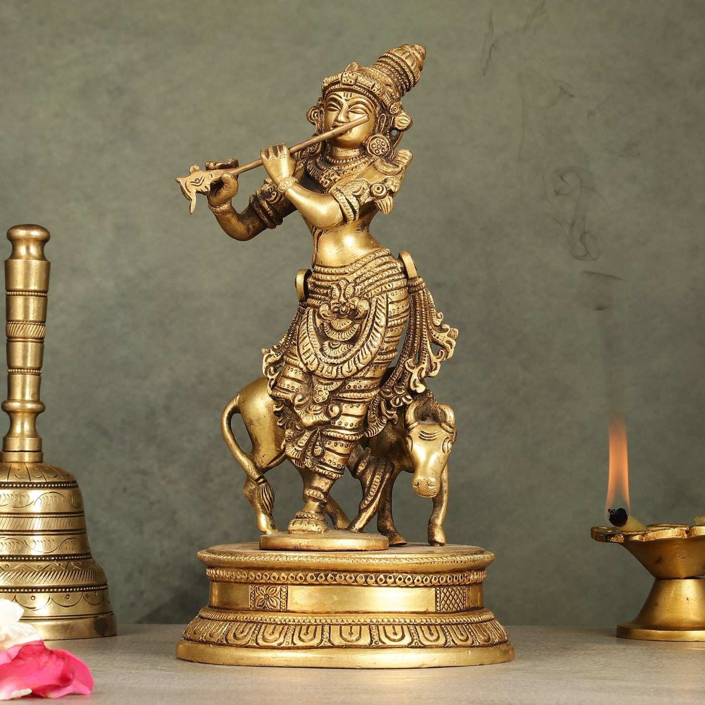 Divine Pure Brass Superfine Lord Krishna with Cow Idol - 10" Height