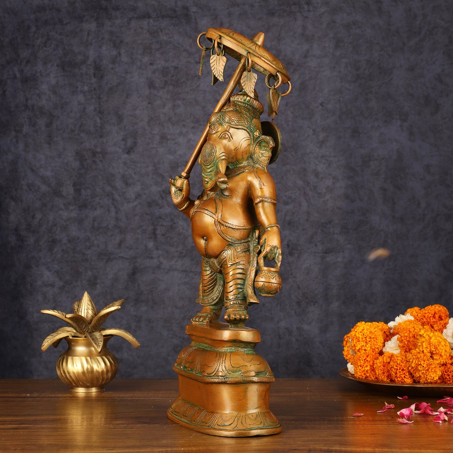 Handcrafted Brass Ganesha Statue with Umbrella and Kamandal - 15" Divine Sculpture