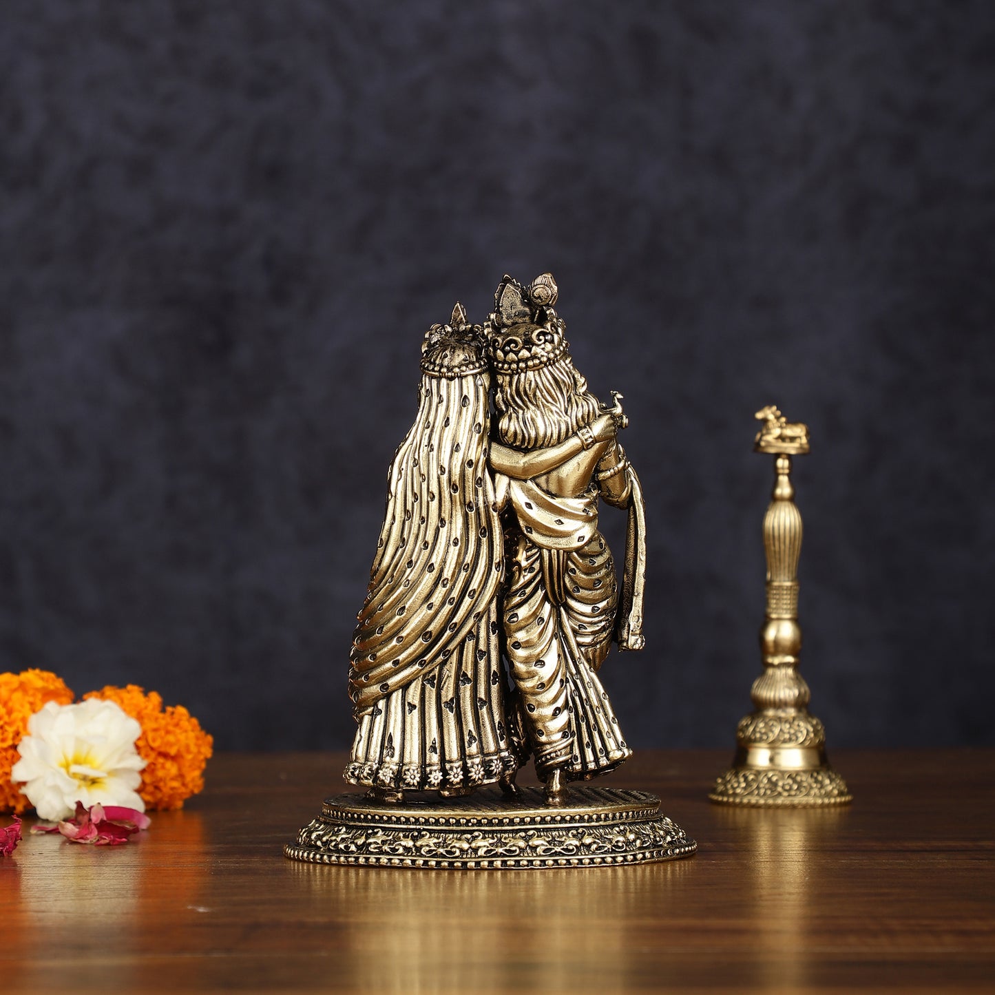 Intricate Lightweight Brass Radha Krishna Idol - 6"