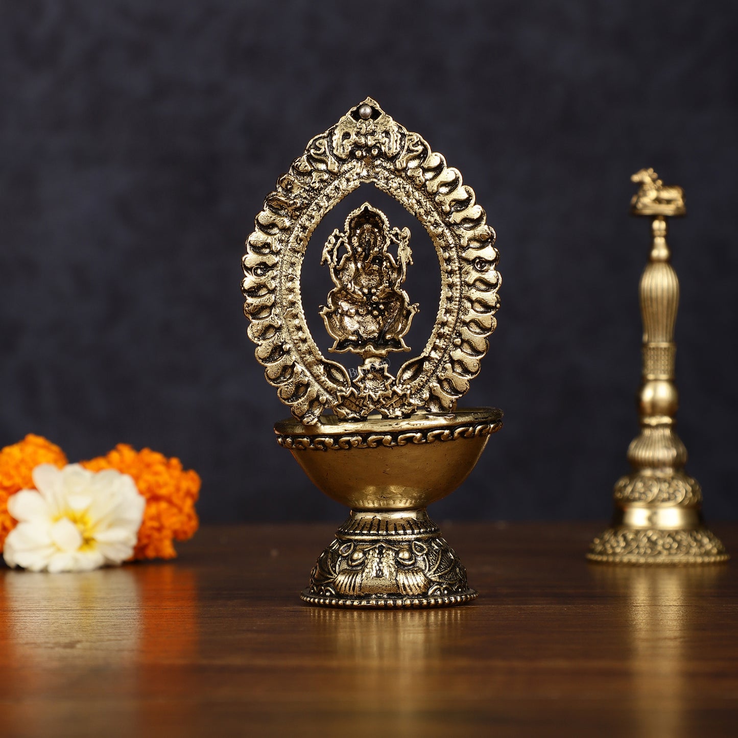 Brass Intricately Carved Ganesha Oil Lamp Diya - 4.5" Tall