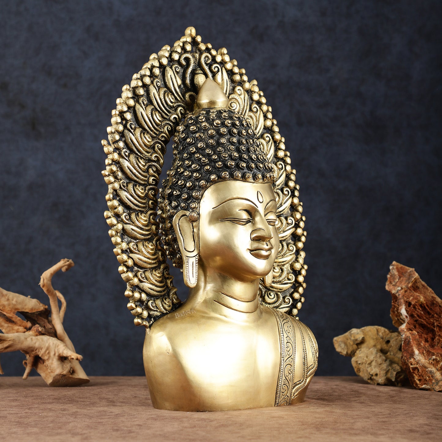 Pure Brass Large Buddha Bust Face Sculpture with Aureole Arch – 18.2" Height