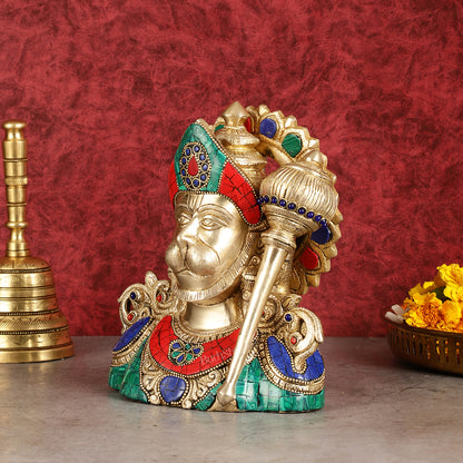 Handcrafted Brass Hanuman Ji Bust with Multicolour Stonework - 8"