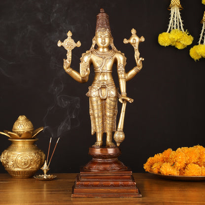 Brass Superfine Vishnu and Goddess Lakshmi Statues - Elegant Dual Tone Pair 20.5"