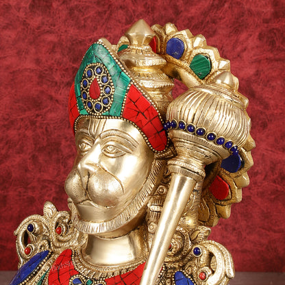 Handcrafted Brass Hanuman Ji Bust with Multicolour Stonework - 8"