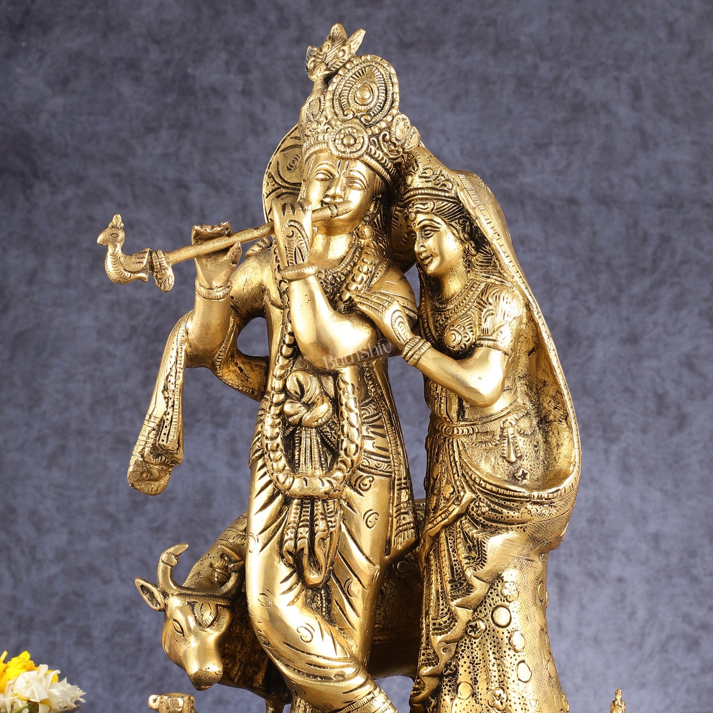 Krishna with Cow, Calf, and Peacock Idol 18 inch