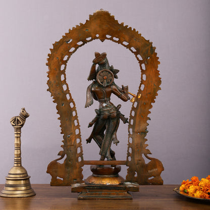 Rare Brass Lord Krishna with Prabhavali Majestic Sculpture 18"