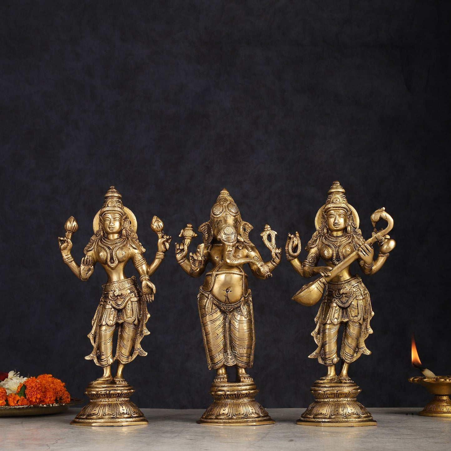 Brass Standing Ganesh Lakshmi Saraswati Idol Set 10"