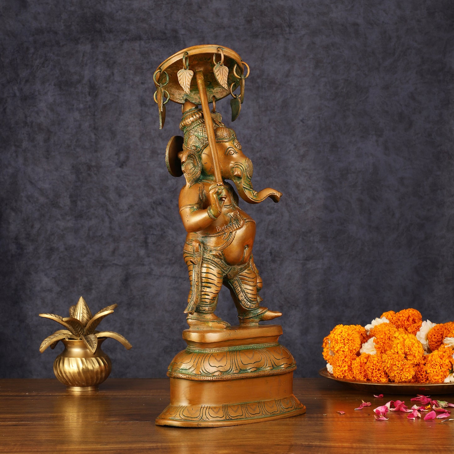 Handcrafted Brass Ganesha Statue with Umbrella and Kamandal - 15" Divine Sculpture