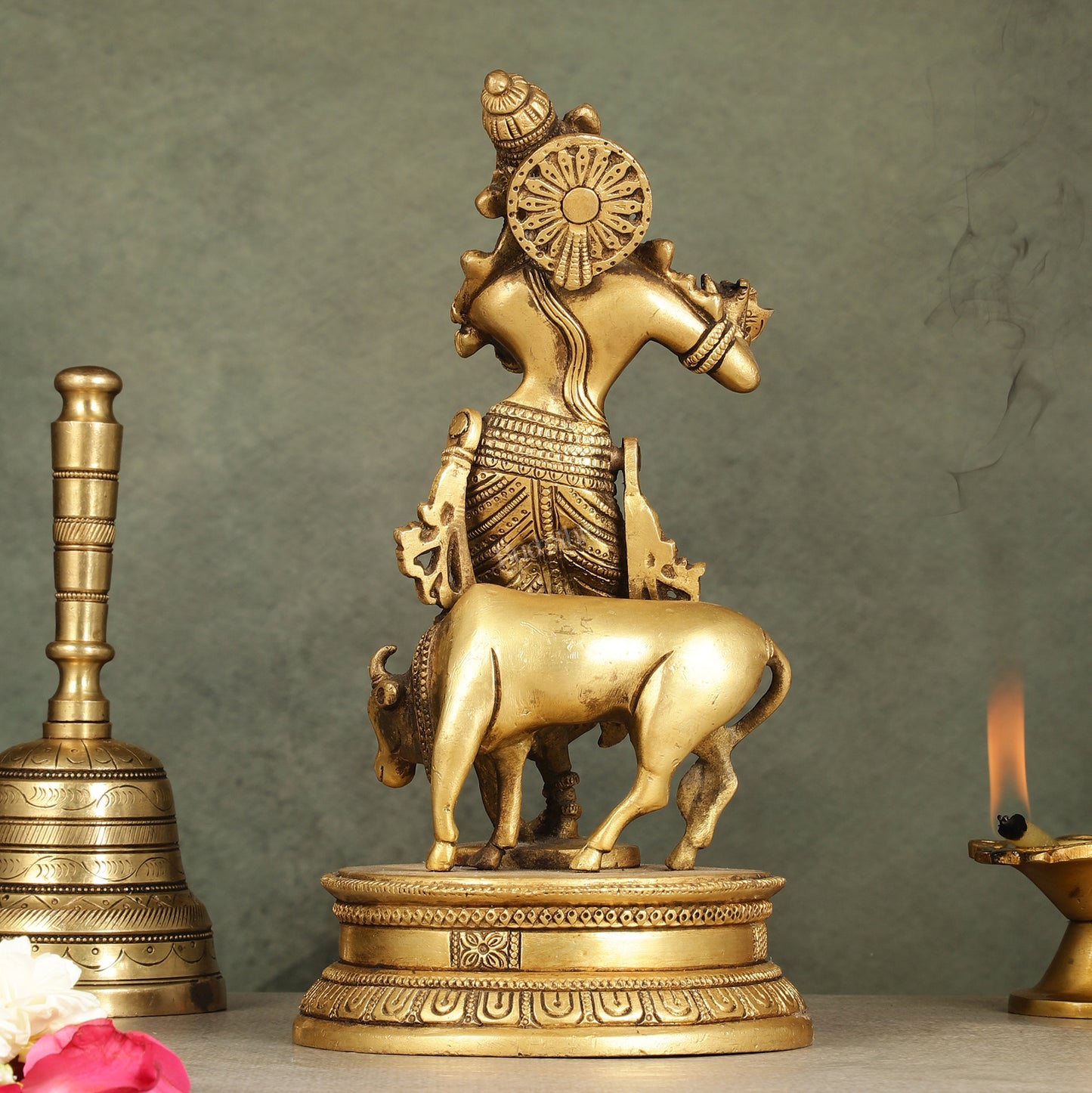 Divine Pure Brass Superfine Lord Krishna with Cow Idol - 10" Height