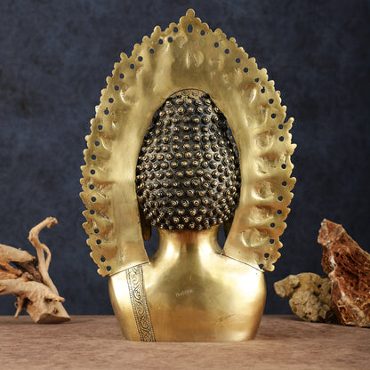 Pure Brass Large Buddha Bust Face Sculpture with Aureole Arch – 18.2" Height