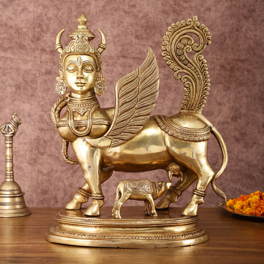 Exquisite Brass Kamdhenu Cow with calf  Statue | 16.5"